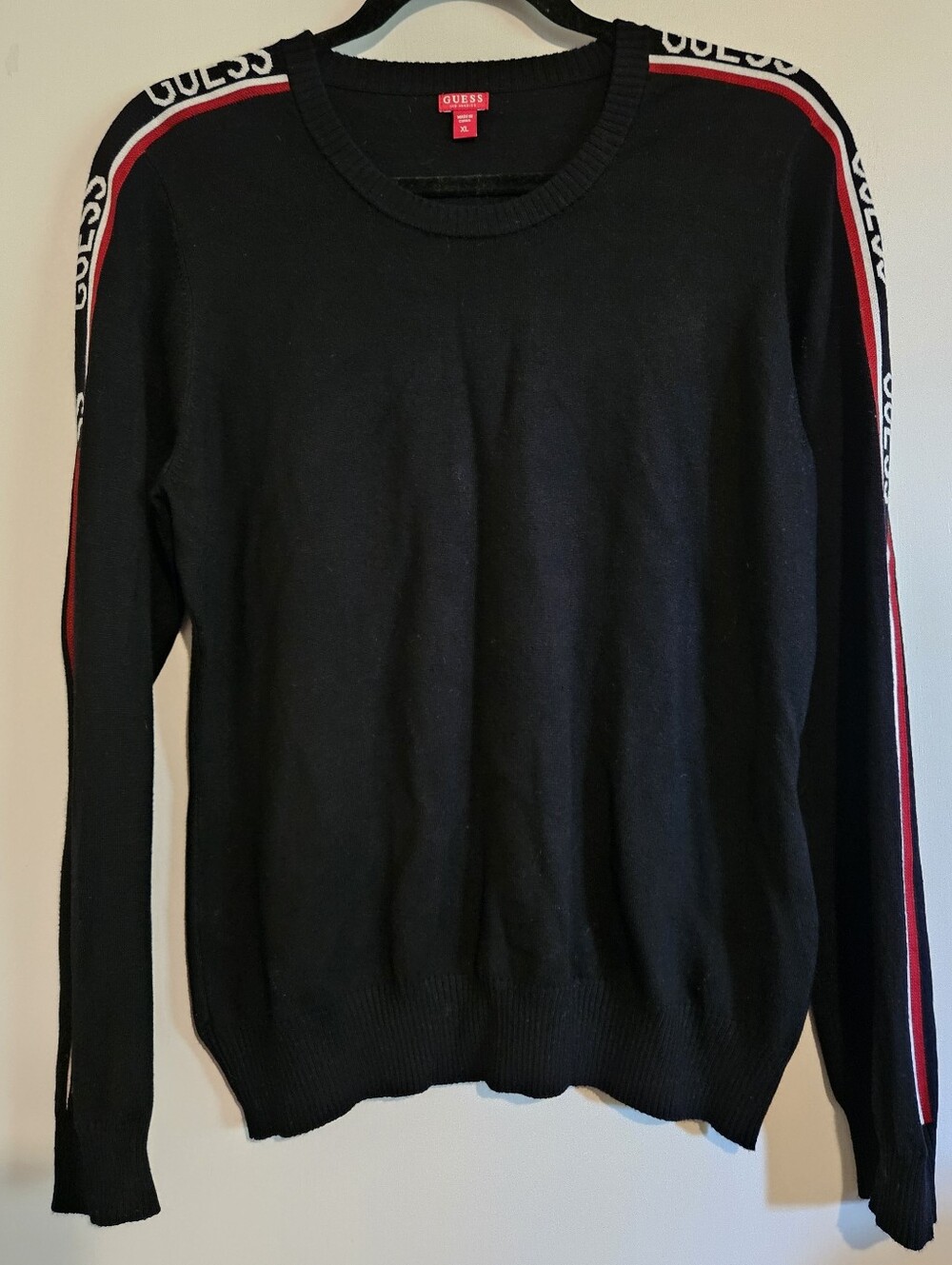 GUESS Women's XL Black Sweater Red White Striped Logo Sleeves Crew Neck